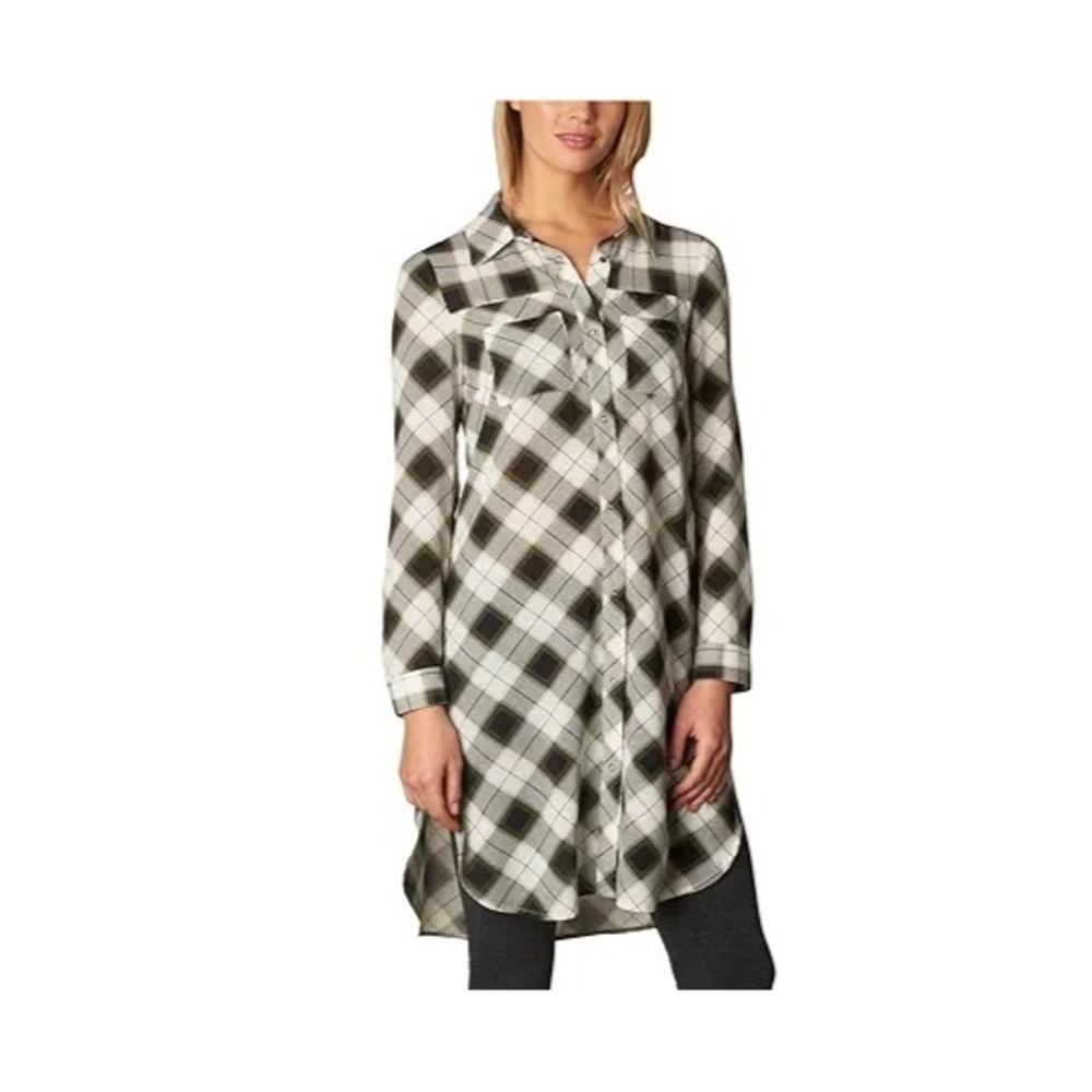 PrAna Flint Tunic Shirt Womens Medium Gray Plaid Button Front Long Sleeve Casual